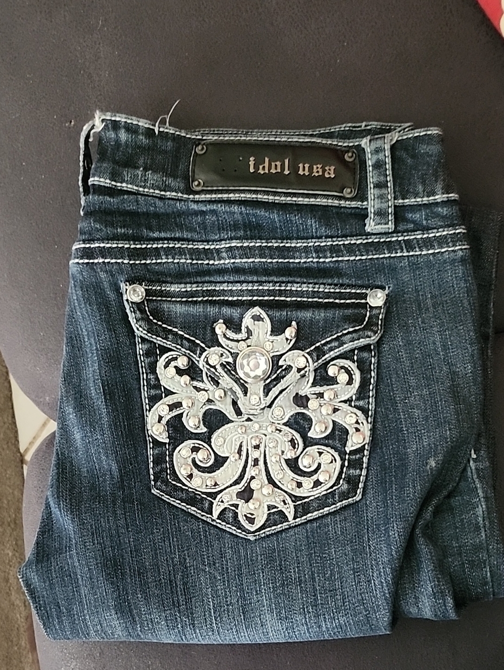 L.A. idol Dark Blue Wash Boot Cut Jeans with Embellished Back Pocket